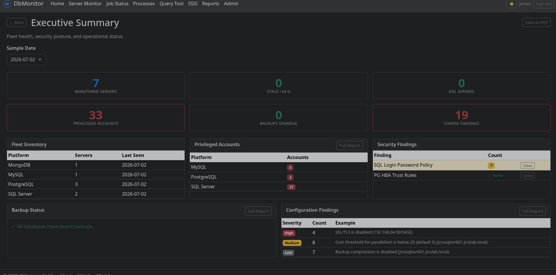 Executive Summary report showing fleet KPIs, privileged account counts by platform, and configuration findings by severity