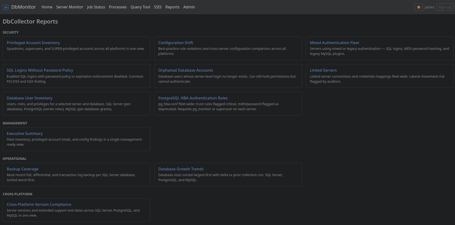DbCollector Reports index showing 12 compliance and security reports across categories